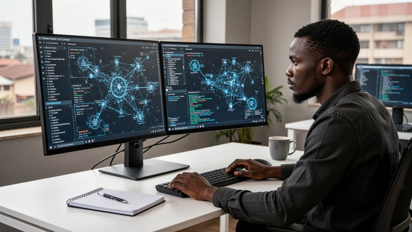 A solo Kenyan white hat hacker expert works intently in a modern Nairobi tech office, performing penetration testing on dual monitors showing abstract vulnerability scans and network diagrams.