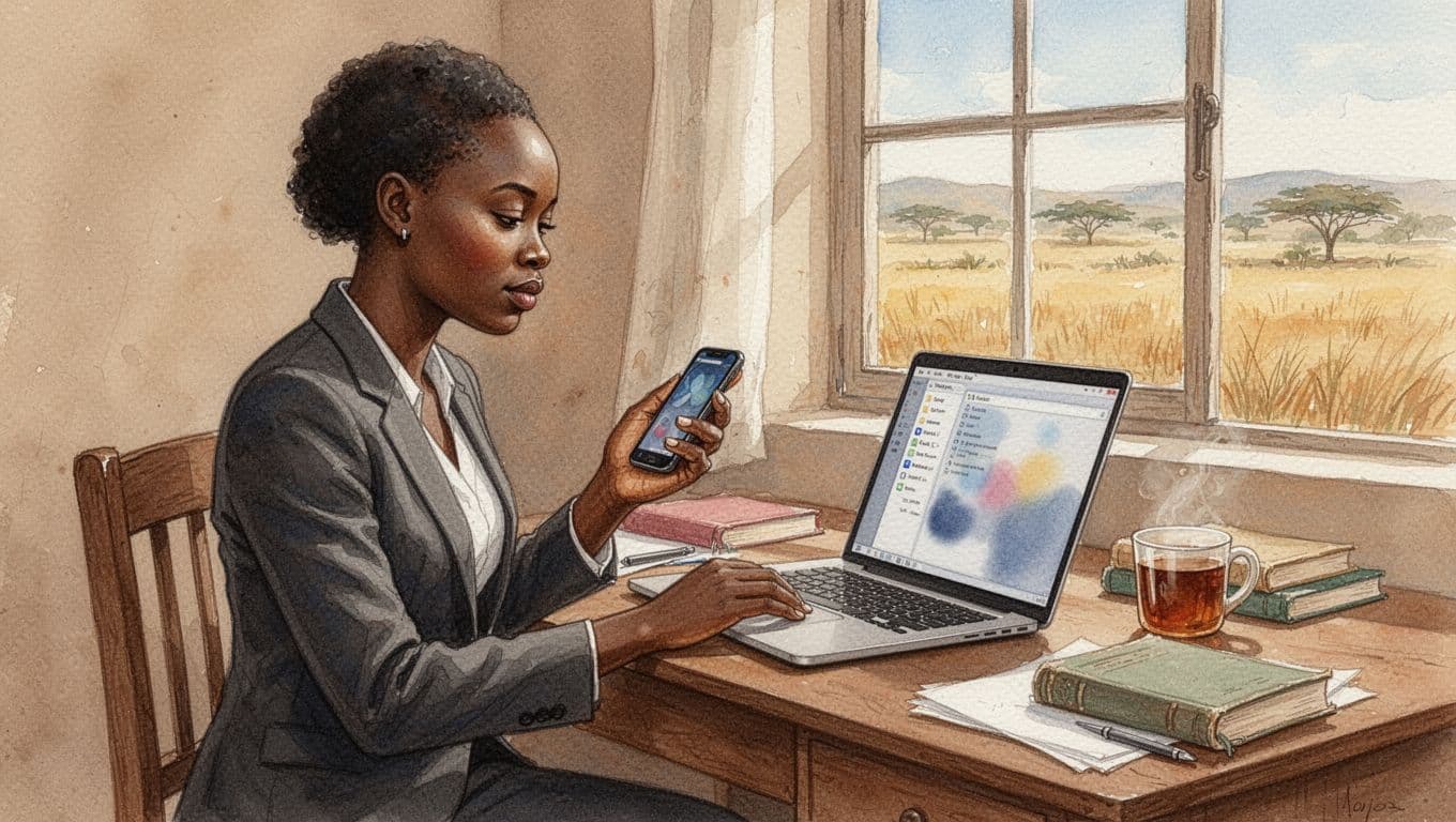 A focused Kenyan professional woman works at a wooden home desk in rural Kenya, viewing a blurred directory on her laptop and holding a phone with referral notes, illuminated by natural daylight through a window overlooking fields, in soft watercolor style with earth tones.