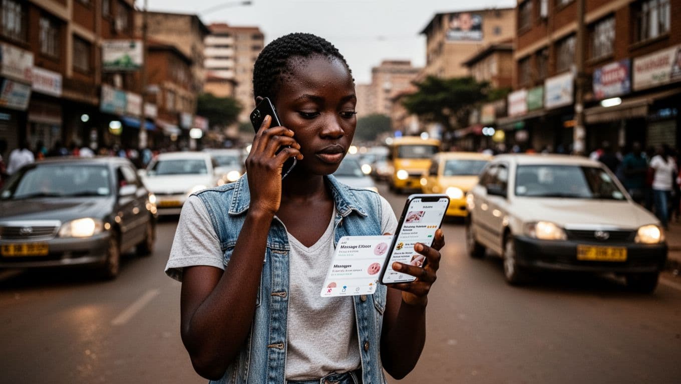 A young Kenyan woman in casual clothes stands on a busy Kilimani street in Nairobi, holding her phone to her ear while checking massage reviews on screen with a focused expression and blurred city traffic behind.