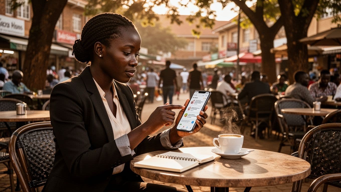 A mid-30s Kenyan woman in business casual sits at an outdoor cafe in bustling Kilimani, Nairobi, intently checking spa reviews and licenses on her angled smartphone screen, with coffee and notebook nearby under warm afternoon light in cinematic style.