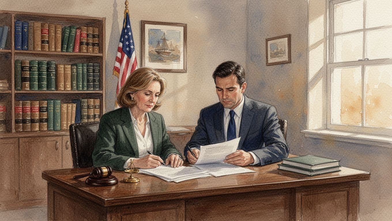 Watercolor illustration of a middle-aged Kenyan woman consulting a professional male lawyer in a modest office with Kenyan flag and law books, reviewing documents at a desk under warm natural light.