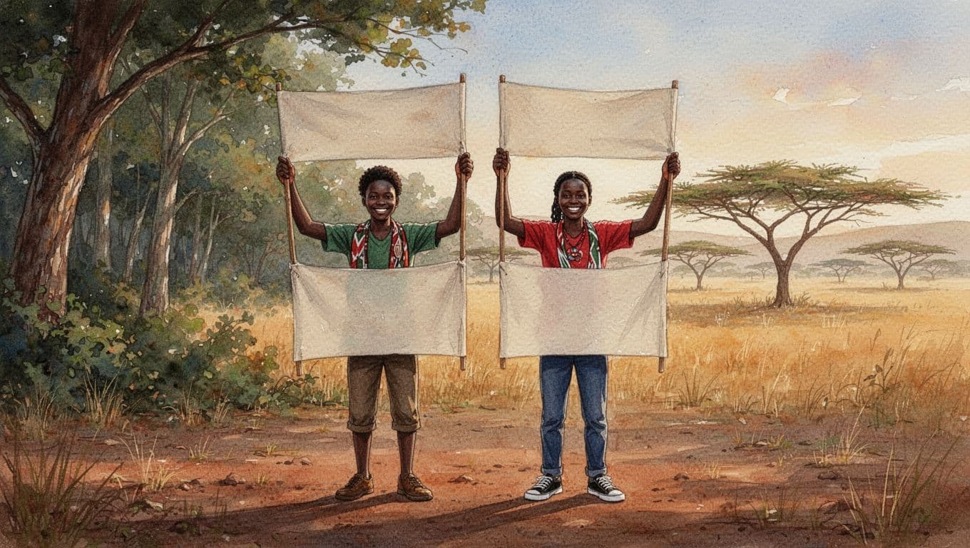 Five young Kenyan activists aged 18-25, diverse in genders and ethnicities, stand energetically together in front of a lush forest edge, holding simple textless banners against deforestation, with a savanna landscape and acacia trees in the background. Watercolor style features soft blending, visible brush textures, and golden hour lighting in a landscape composition.