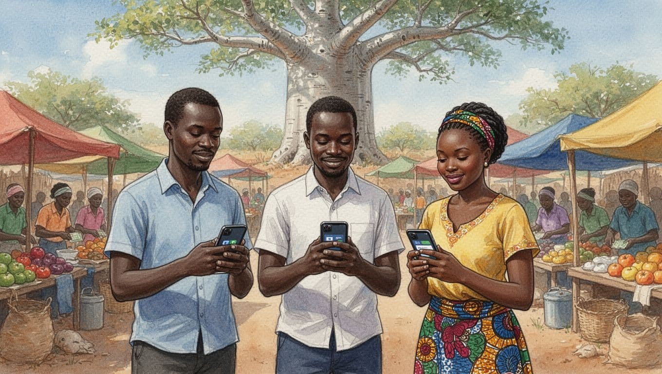 Diverse Kenyans, two women and one man, use smartphones for mobile banking and fintech apps at a sunny rural market with colorful stalls and baobab tree, in watercolor style with soft blending.