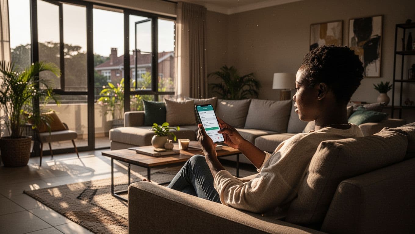 A person on a sofa uses a smartphone to book a massage in a sunny living room.