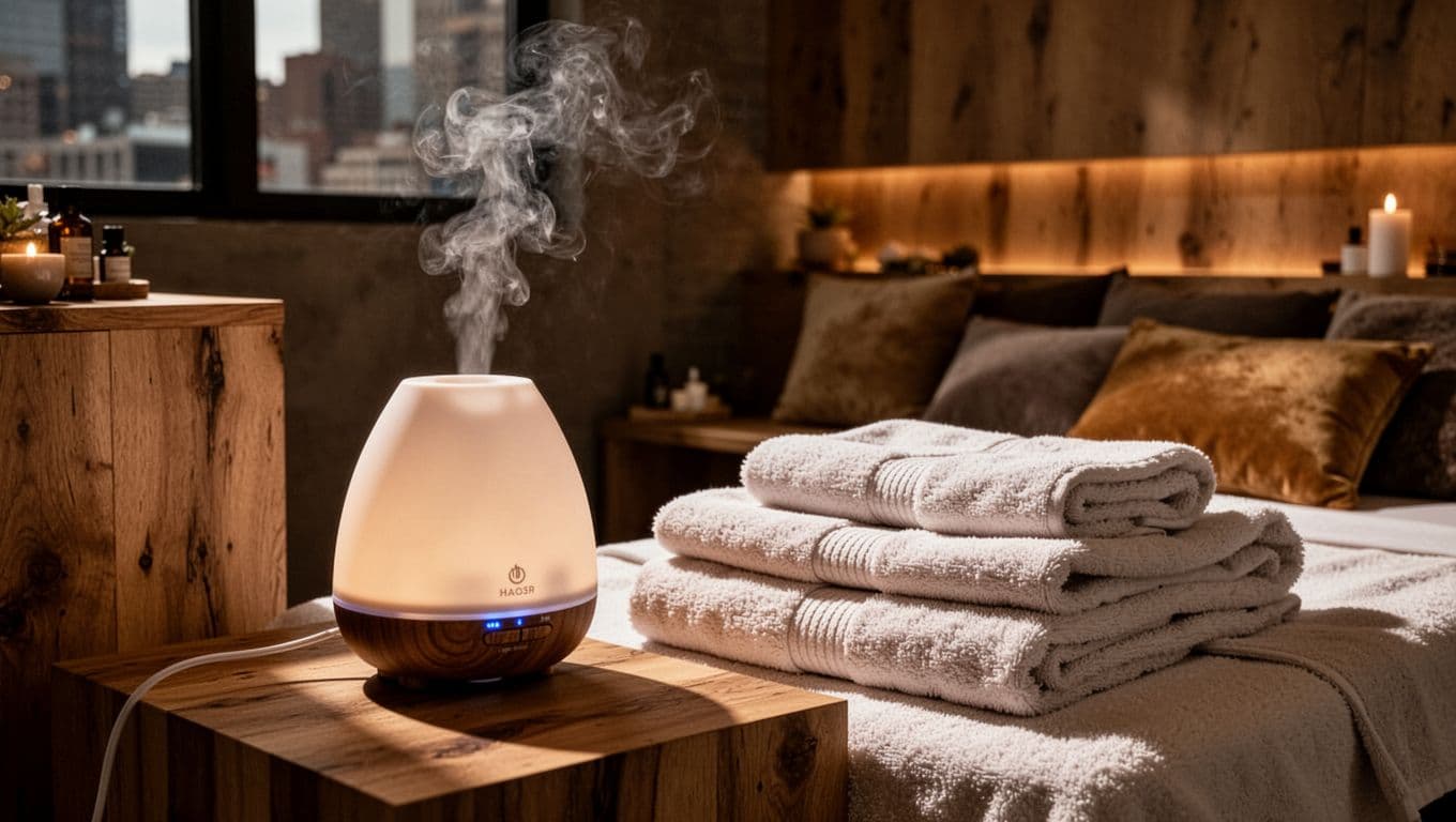 An essential oil diffuser and rolled towels on a wooden tray under warm lighting.