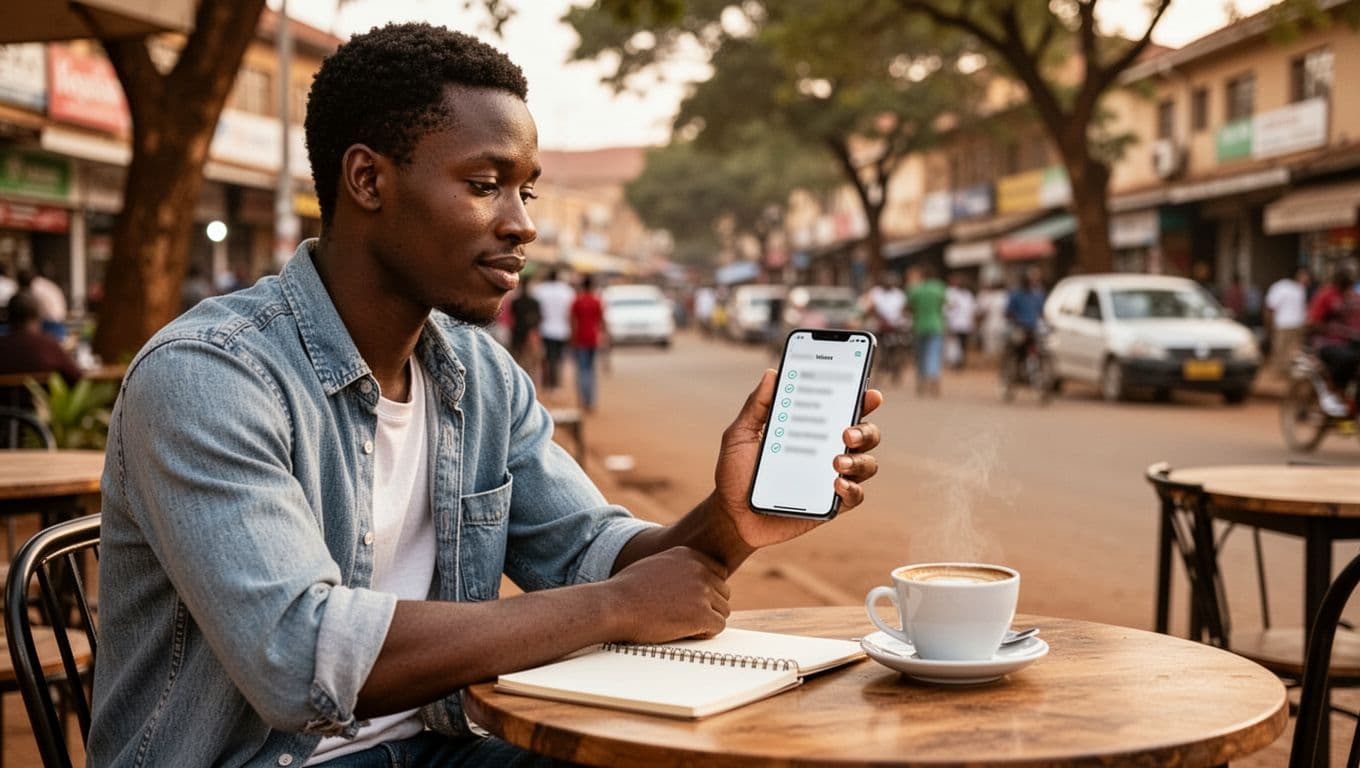 A young adult male in casual shirt sits relaxed at an outdoor cafe table in Kilimani, Nairobi, holding a smartphone with a blurred checklist app, coffee cup and notebook nearby, soft afternoon light.
