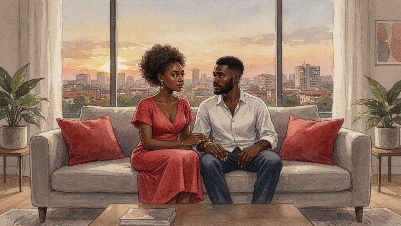 Kilimani Escorts, Nairobi Escorts, and Xxnairobi Escorts Guide 3 Xxnairobi Escorts-Nairobi Escorts Near You For Fun Young African couple relaxes intimately on sofa in modern Kilimani living room with city view, watercolor style.