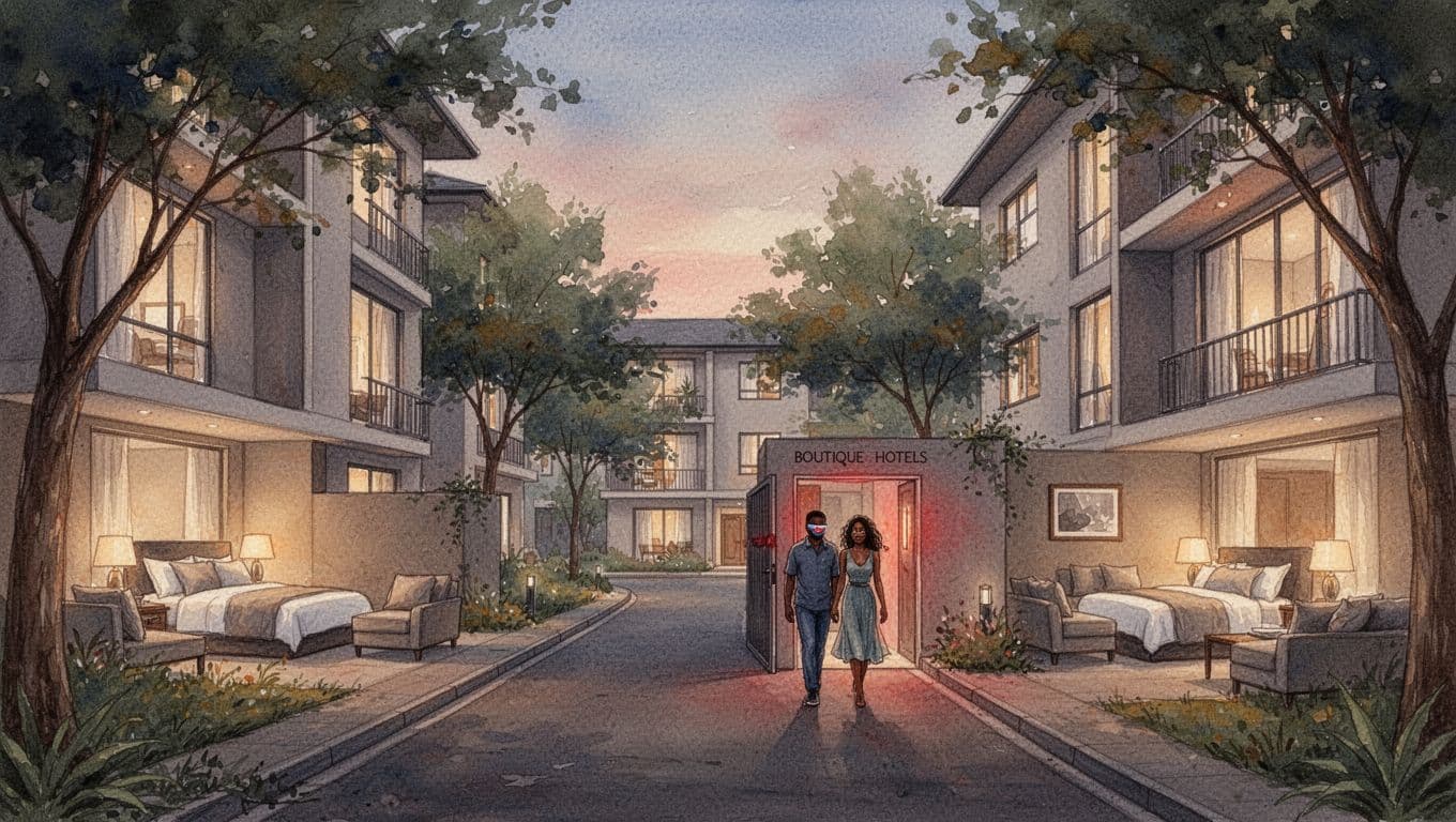Kilimani Escorts, Nairobi Escorts, and Xxnairobi Escorts Guide 2 Xxnairobi Escorts-Nairobi Escorts Near You For Fun Watercolor view of leafy upscale street with modern apartments and hotels at dusk, warm window lights showing interiors, couple entering side entrance.