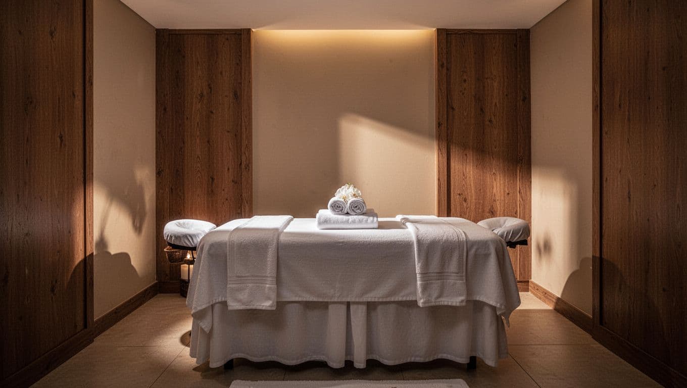 A pristine massage table draped in soft white linens sits centered in a serene room featuring warm wood paneling. Soft ambient glow emanates from hidden fixtures, highlighting the peaceful, professional sanctuary.