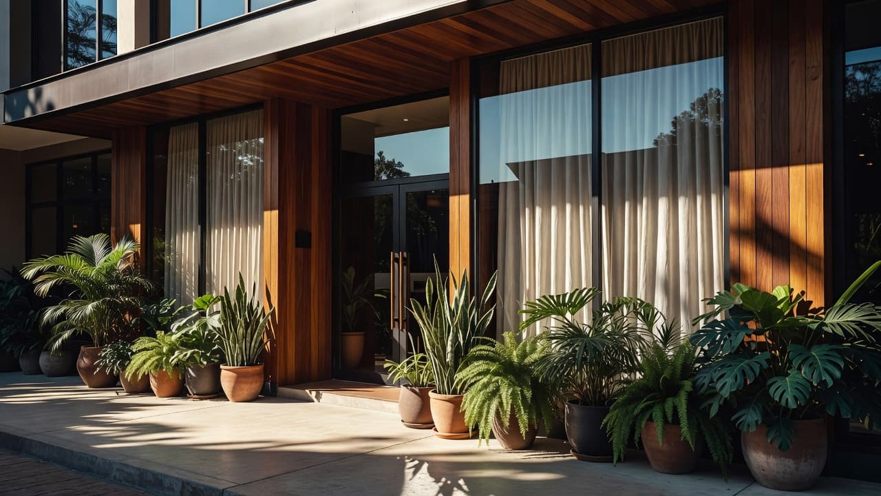 A refined spa storefront features warm wooden accents and expansive glass windows shielded by soft curtains. Vibrant green plants flank the entryway, creating a serene and inviting atmosphere in Nairobi.
