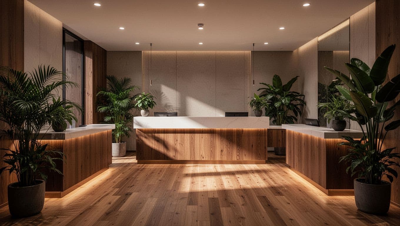 Warm modern spa reception room with wooden surfaces and ambient lighting.