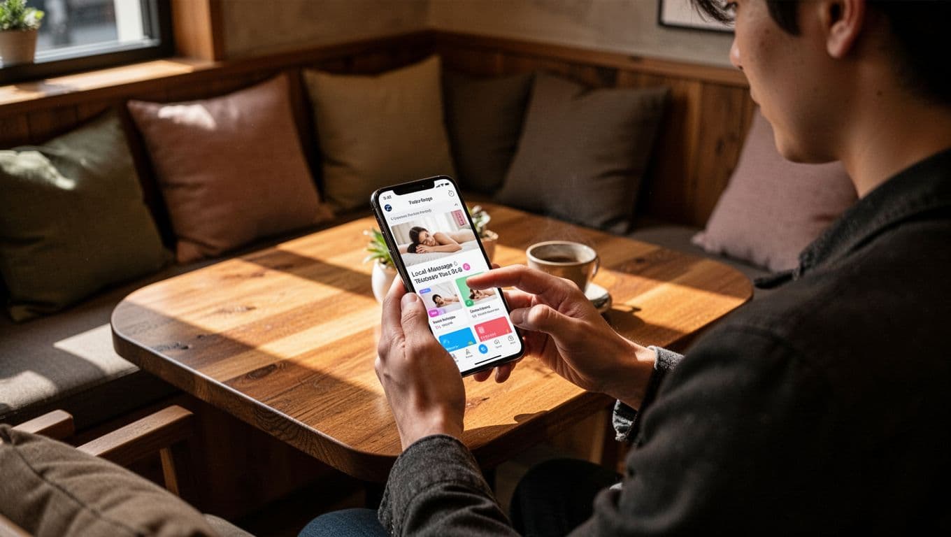 A person browses massage options on a smartphone inside a cozy cafe.