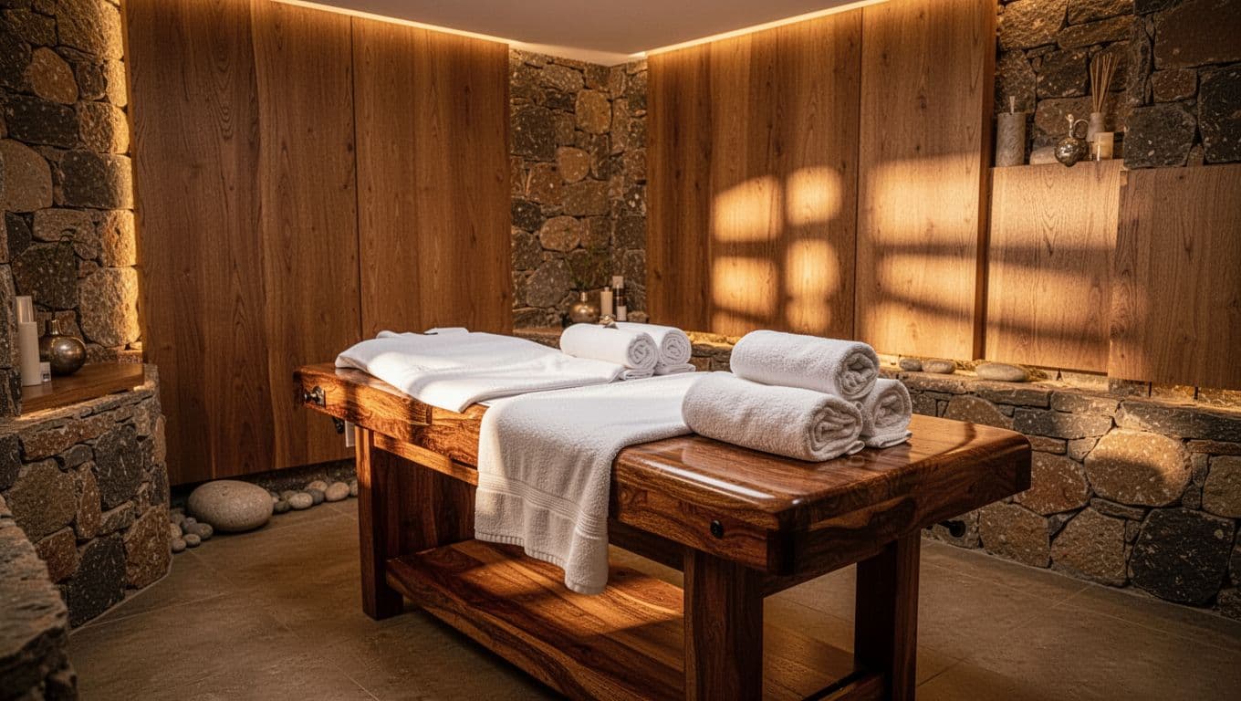 A wooden massage table with rolled towels inside a warm, stone-decorated spa room.