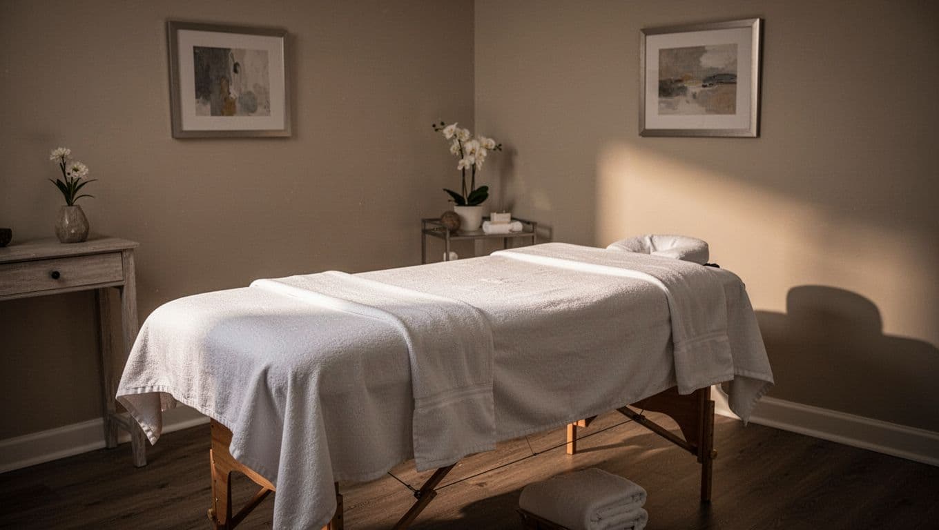 A neat massage table with fresh white linens under warm lights in a quiet spa room.