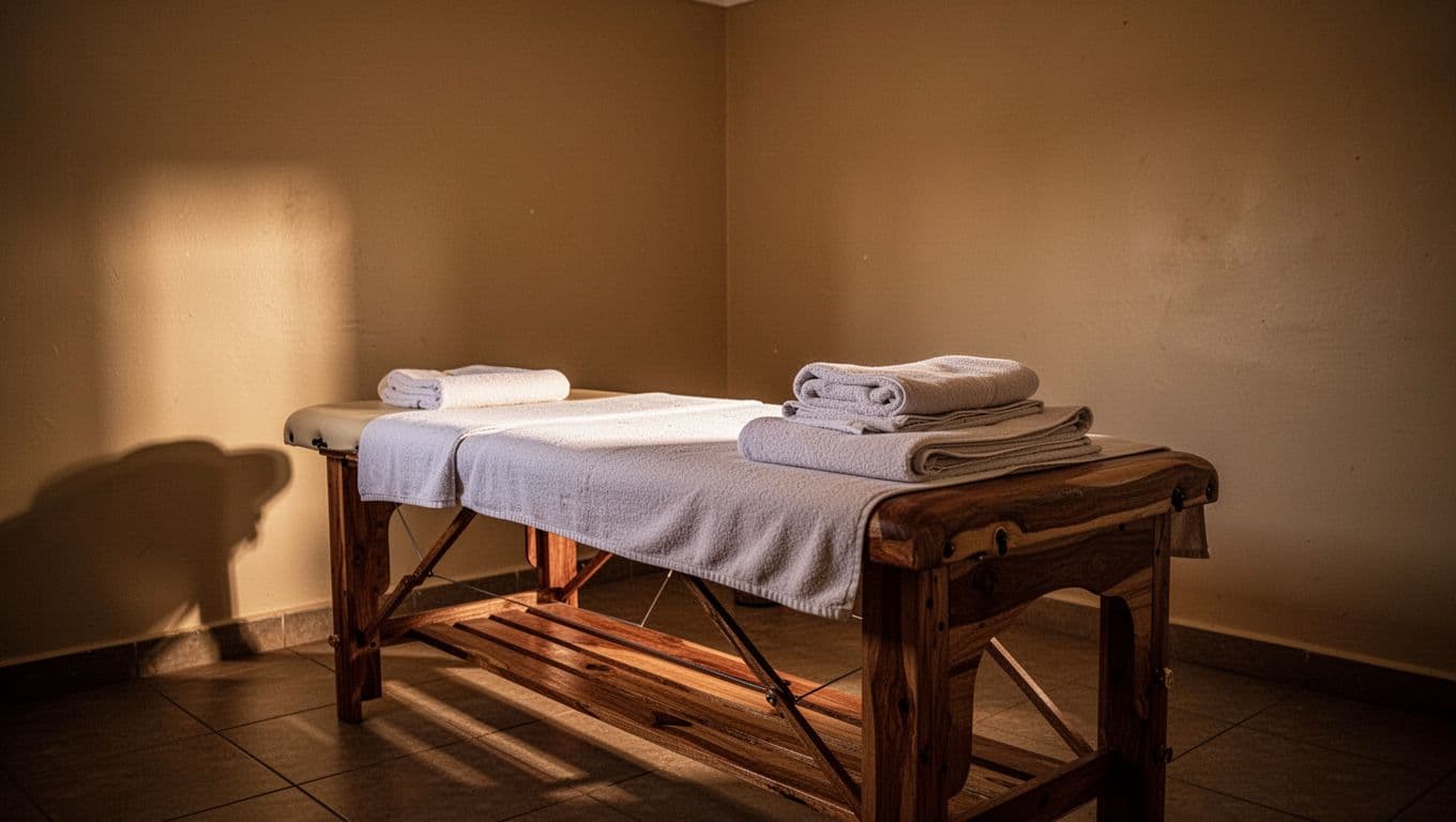 A serene massage treatment room with a prepared table and warm lighting.