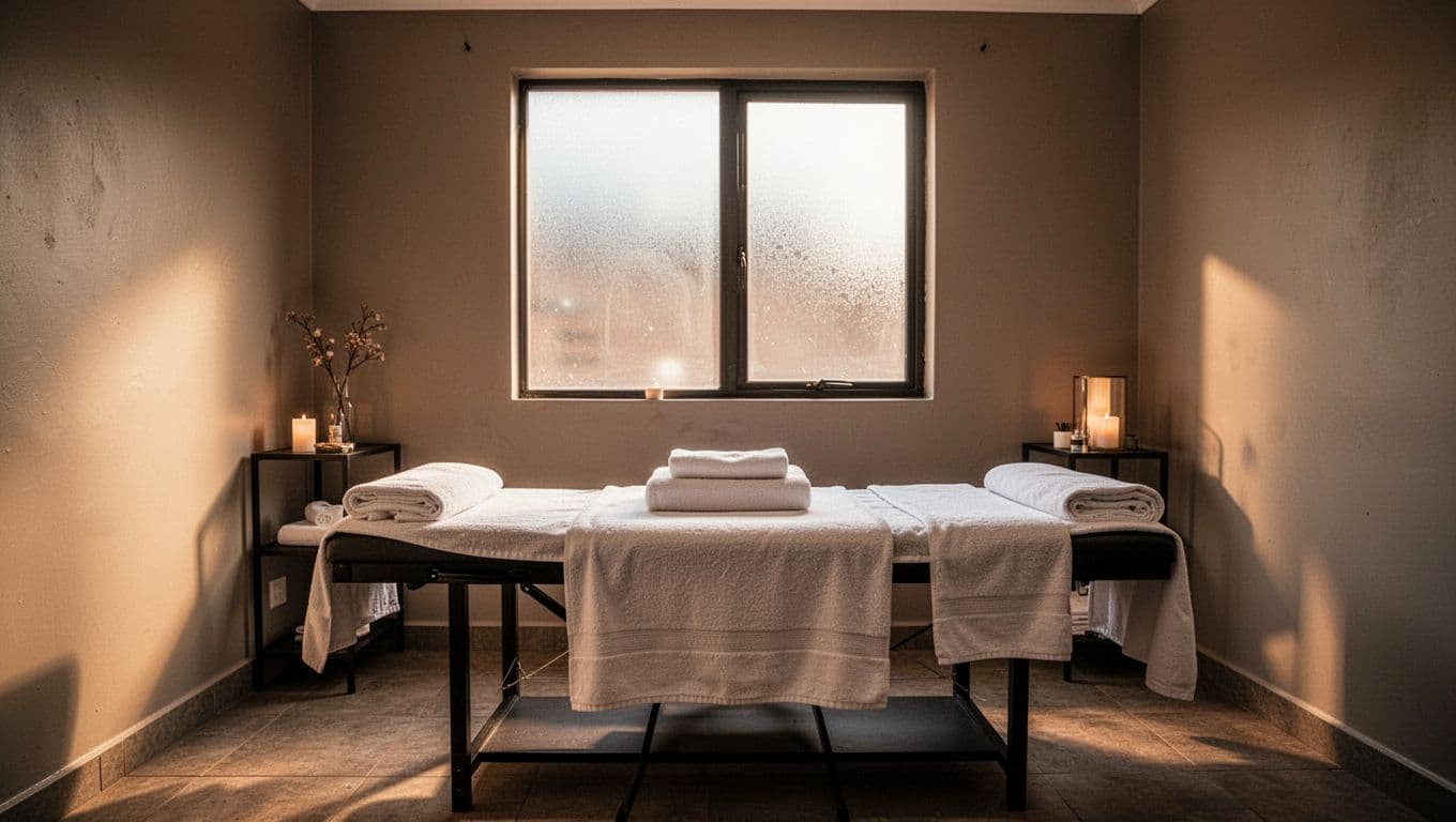 A comfortable massage table in a warmly lit private room with folded towels.