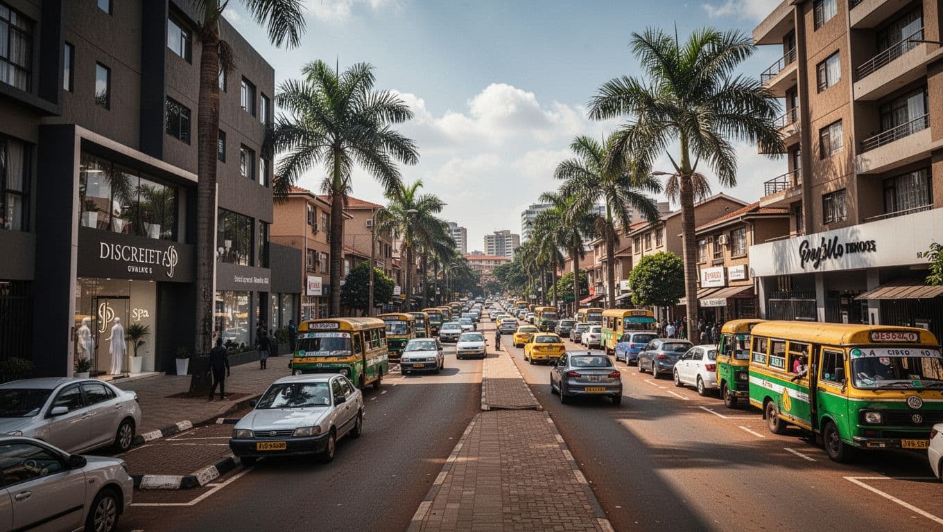Busy yet accessible daytime street in Kilimani, Nairobi, with modern low-rise buildings, wide sidewalks, available parking near discreet spa entrance, light traffic, and palm trees.