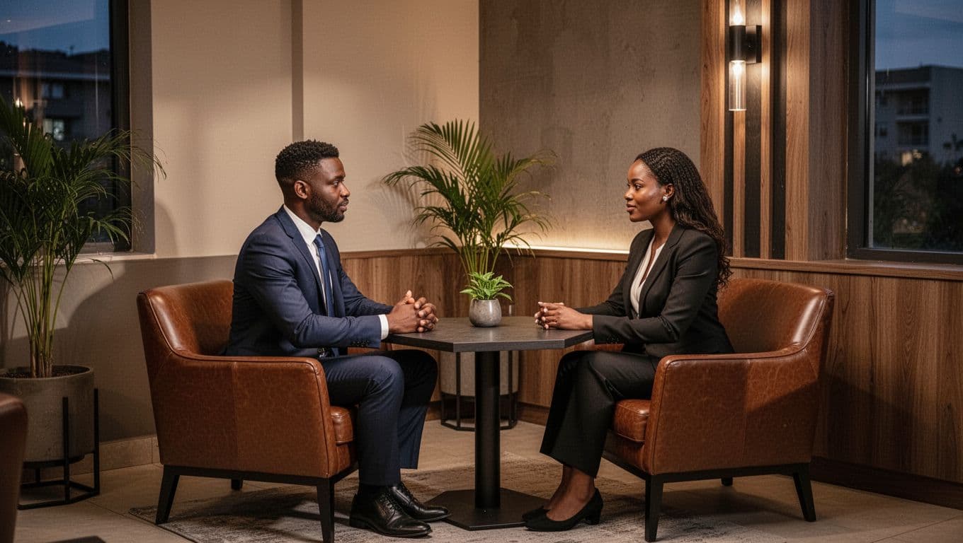 Modern discreet lounge interior in upscale Kilimani Nairobi hotel during soft evening hours, with two adults—one male and one female—in relaxed private conversation at a corner table under warm dim lighting.