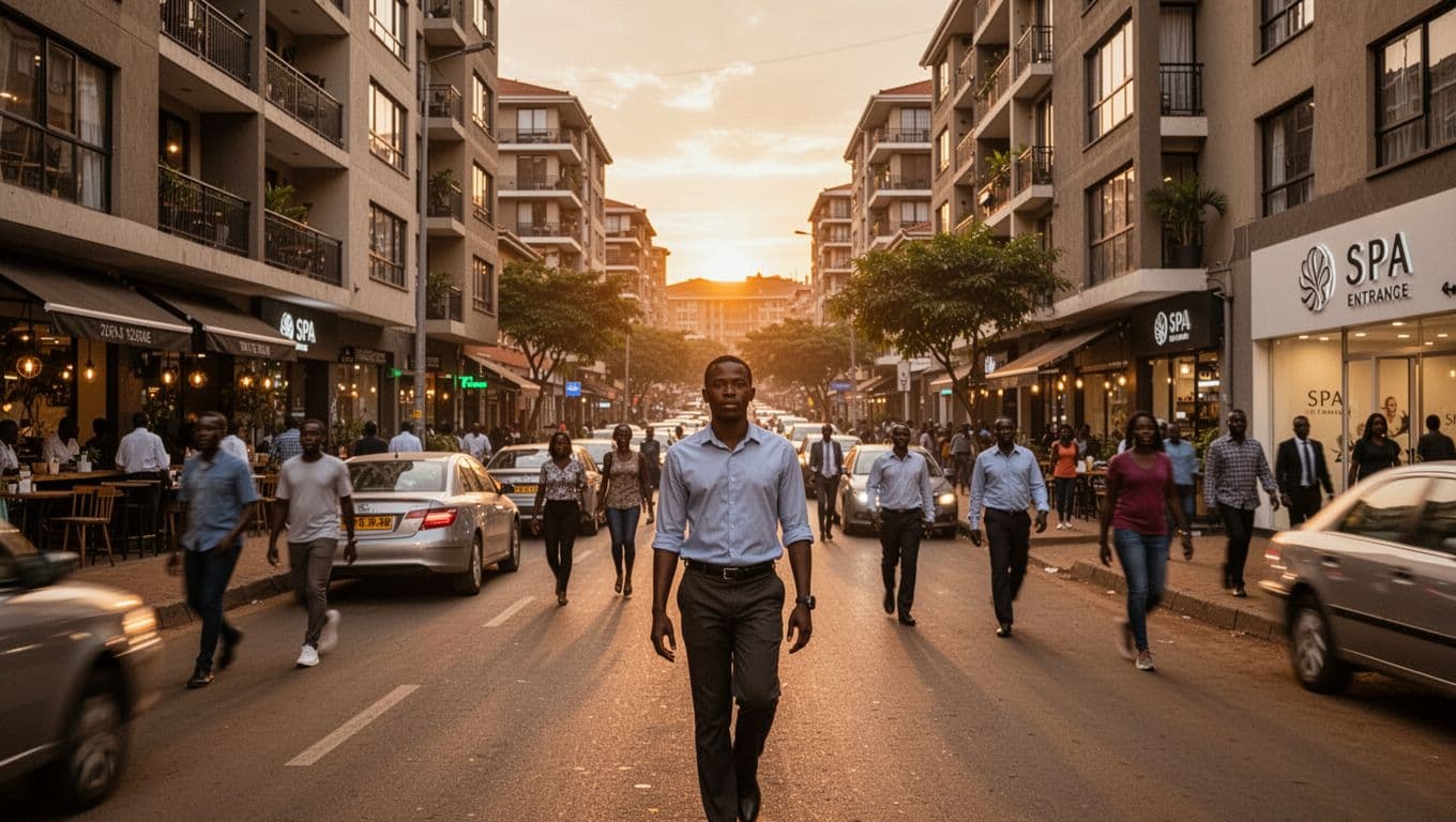 Massage SPA in Kilimani: A Practical Guide to Relaxation 2 Realistic photo of a busy Nairobi street in Kilimani neighborhood during evening rush hour, with modern apartments, cafes, one relaxed walker in foreground, subtle spa sign, warm golden hour lighting.