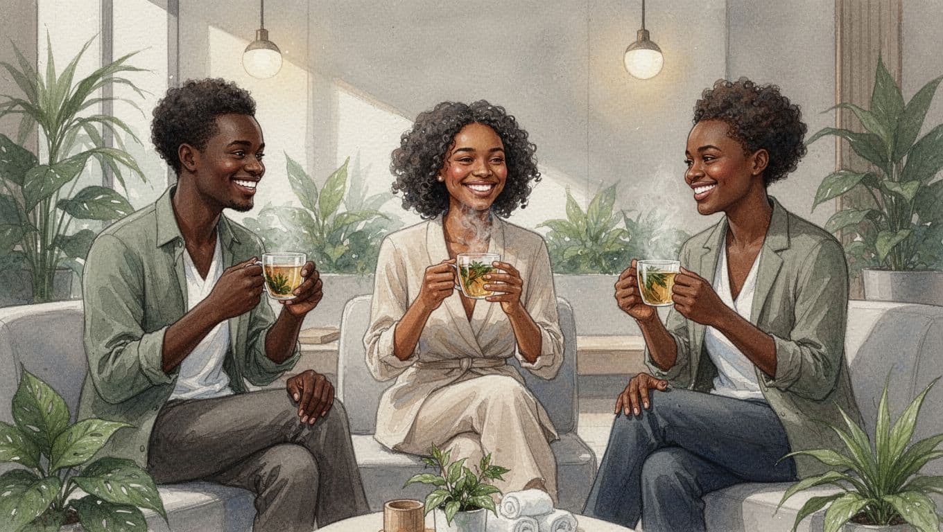 Three young professionals from Kilimani, Nairobi, smile and chat happily in a spa lounge after a massage, sipping herbal tea with refreshed expressions in a serene watercolor style.