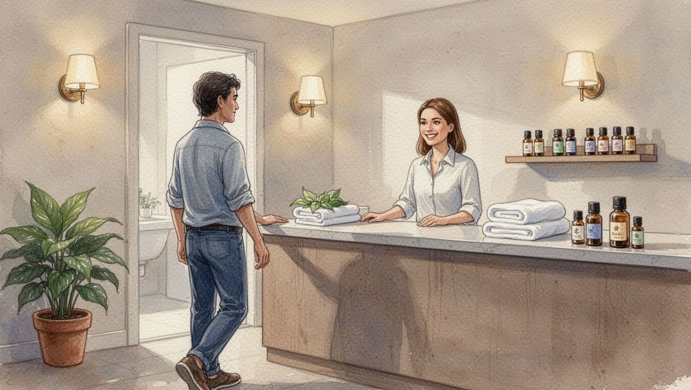 A relaxed visitor enters the cozy reception area of a massage spa in Kilimani, Nairobi, with a friendly receptionist at a clean desk featuring folded towels and essential oils, in watercolor style with soft blending and warm tones.