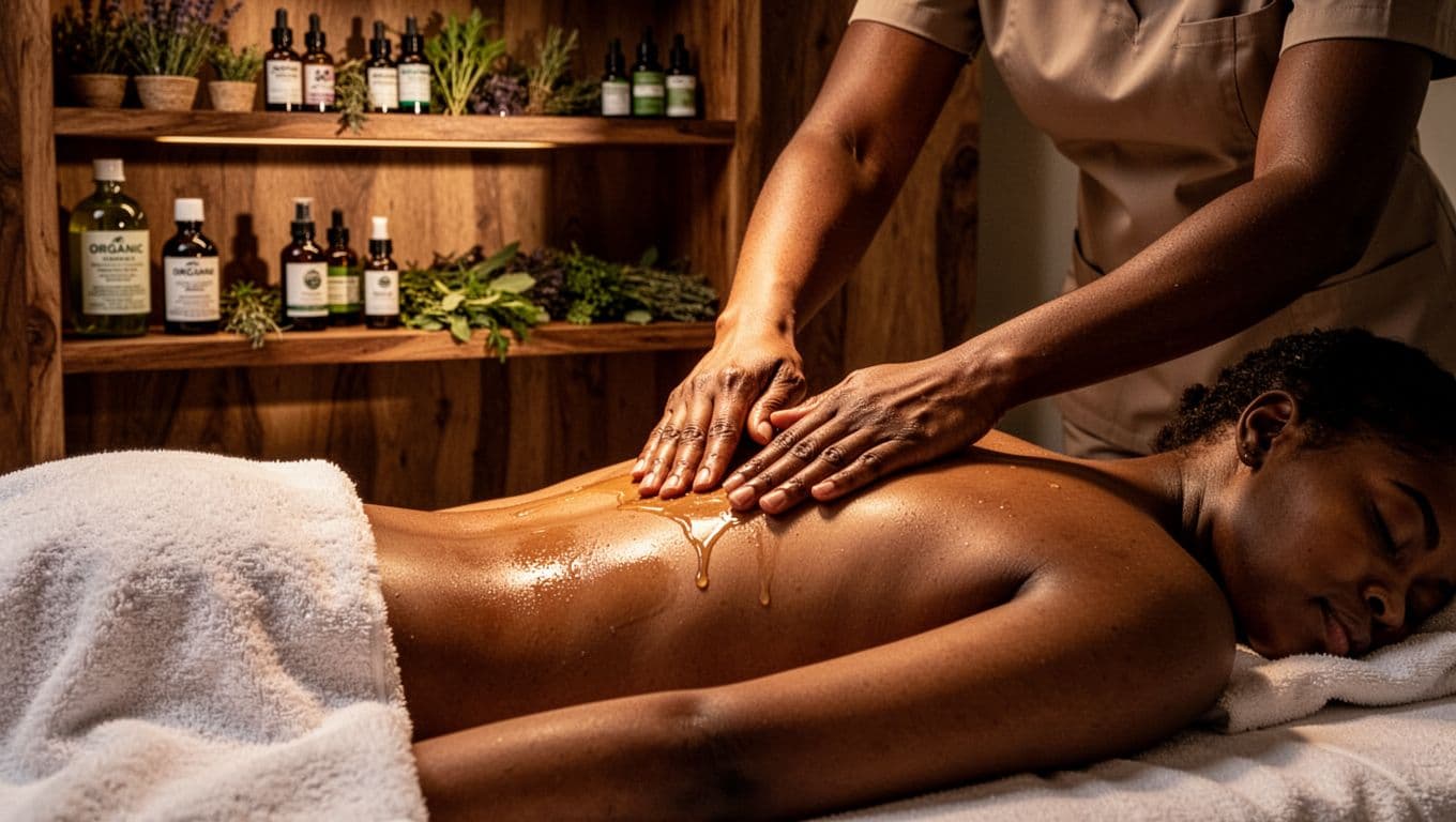 Closeup view of a therapist's hands gently applying natural organic oil to a client's back in a luxurious yet affordable spa in Kilimani, Nairobi, Kenya, with wooden shelves of Kenyan herbs and products, fresh linens, warm lighting, and cinematic depth.