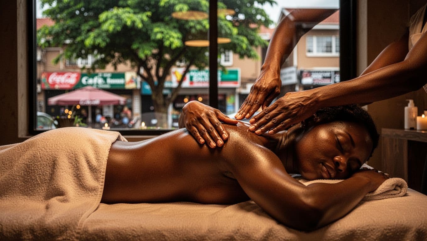 A serene spa interior in Kilimani Nairobi with one person receiving a relaxing shoulder massage on a treatment bed, featuring warm ambient lighting, strong contrast, and a trendy urban backdrop blurred through the window.