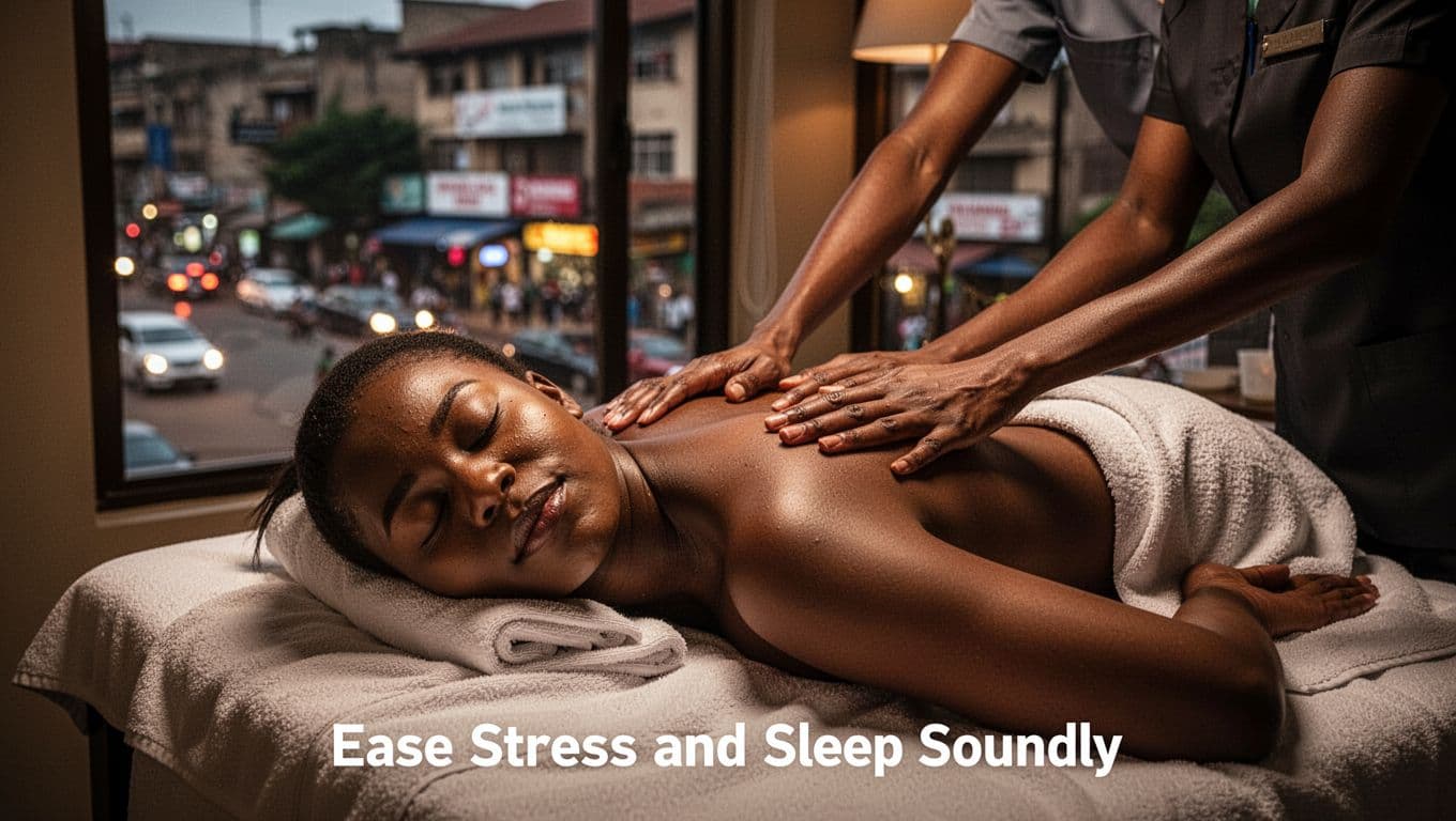 A single relaxed client lies face down with eyes closed on a massage table in a serene upscale Kilimani Nairobi spa room, therapist hands gently resting on shoulders, warm ambient lighting, and blurred urban street view through window.