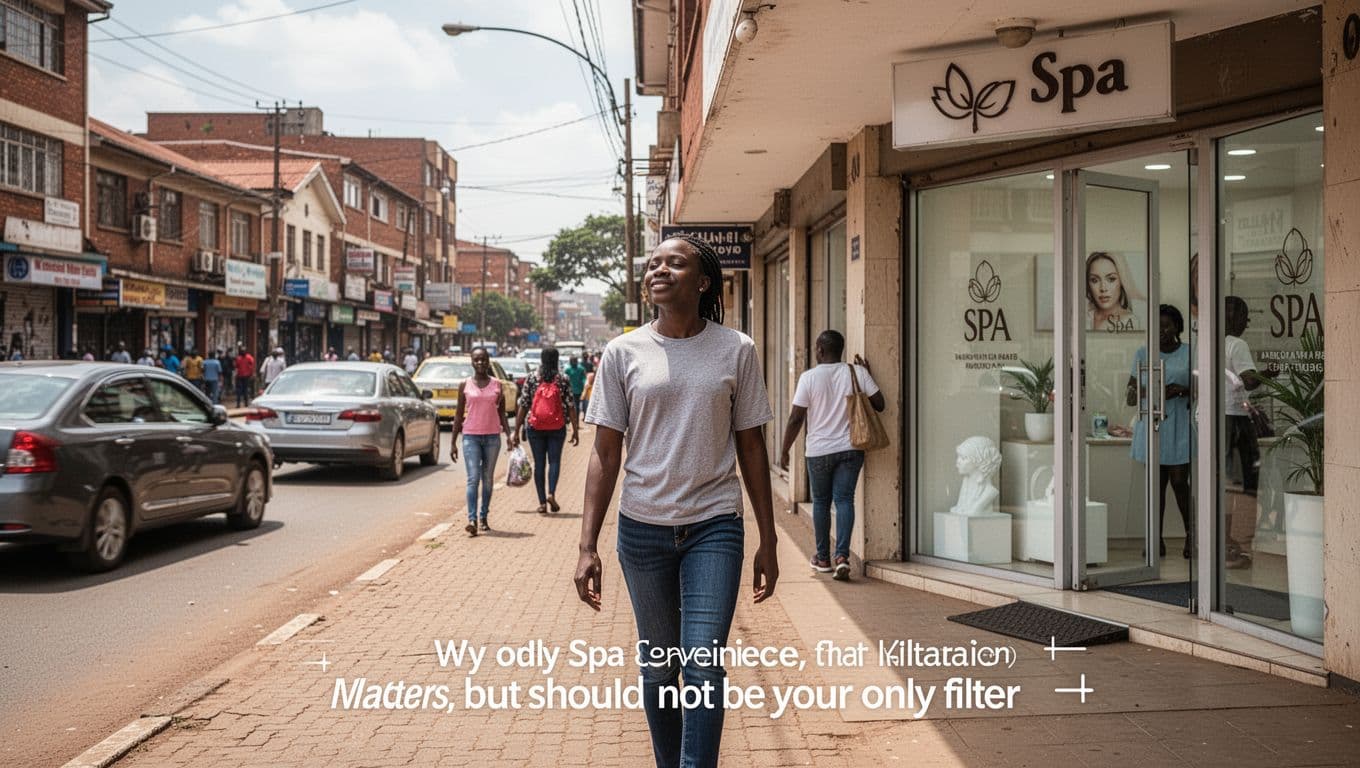 A relaxed person walks toward a spa entrance on a bustling daytime urban street in Kilimani, Nairobi, with cars and indistinct pedestrians in the background.