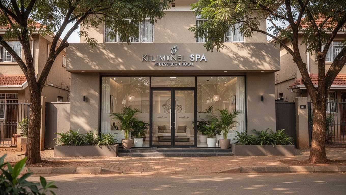 Professional spa entrance on a residential-commercial street in Kilimani, Nairobi during daytime, featuring a discreet modern building facade with large glass door, subtle plants, and soft natural sunlight filtering through trees. Realistic photo style in landscape composition with clean welcoming exterior and no people or vehicles visible.