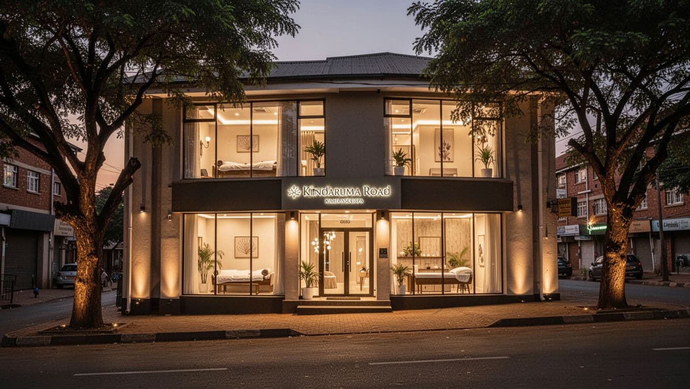 Modern professional massage spa exterior on Kindaruma Road in Kilimani, Nairobi at dusk, featuring warm golden lights from clean windows, inviting entrance, and tree-lined urban street in cinematic style.