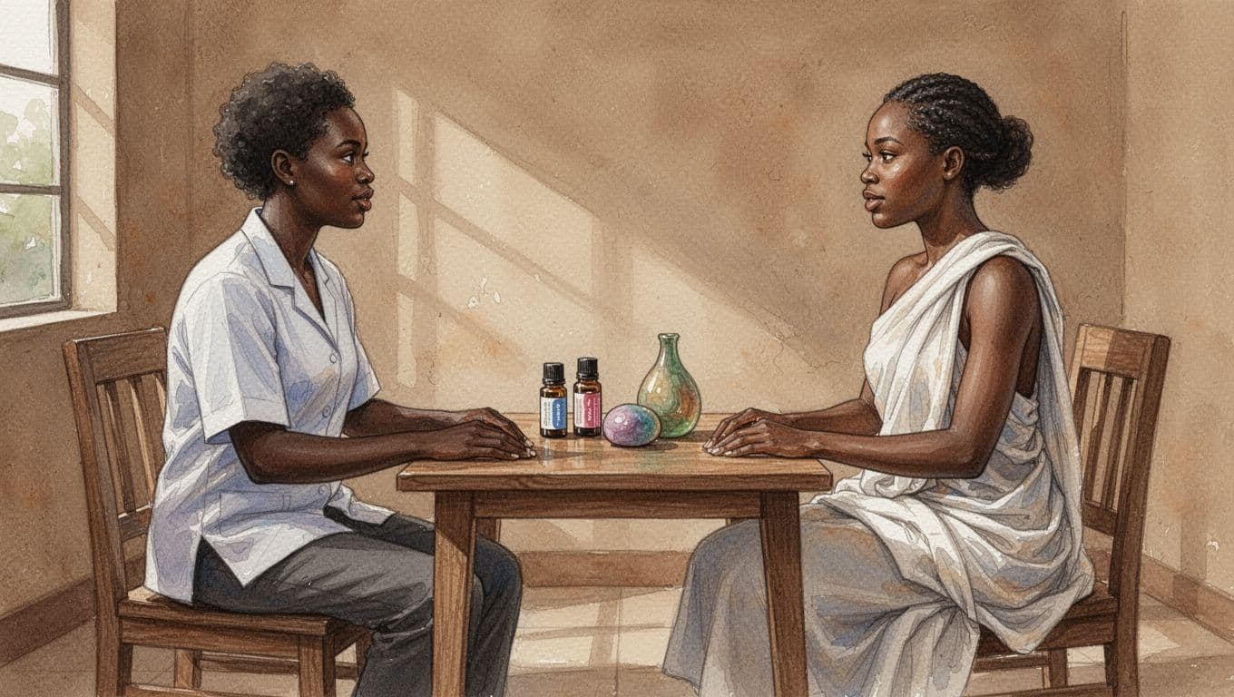 Watercolor-style scene in a Kilimani Nairobi spa room featuring one therapist and one draped client seated across a small wooden table, discussing massage options with essential oil bottles and icons for types like Swedish or deep tissue nearby, under warm earthy lighting.