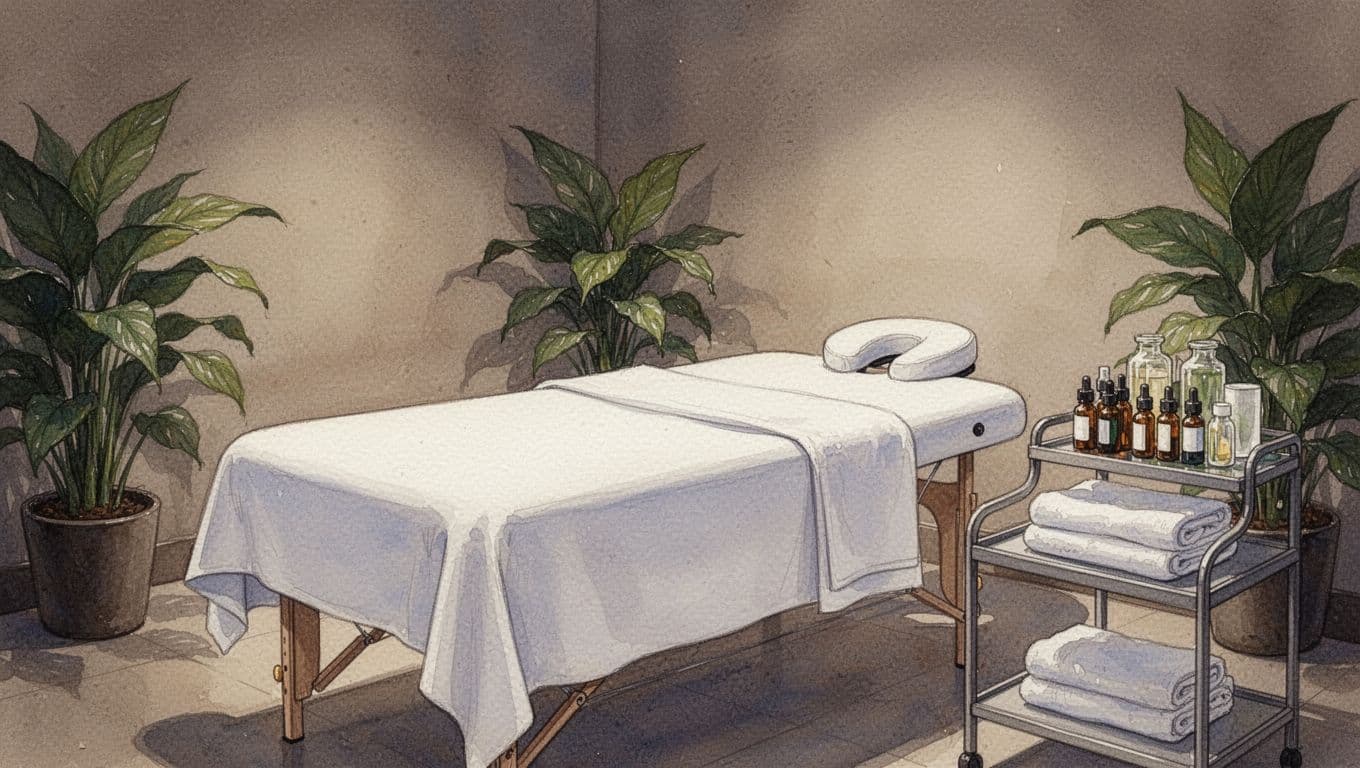 Watercolor-style depiction of a pristine spa treatment room in Kilimani, Nairobi, ready for a massage session with a table dressed in crisp white linens, essential oils, towels, ambient lighting, and corner plants.