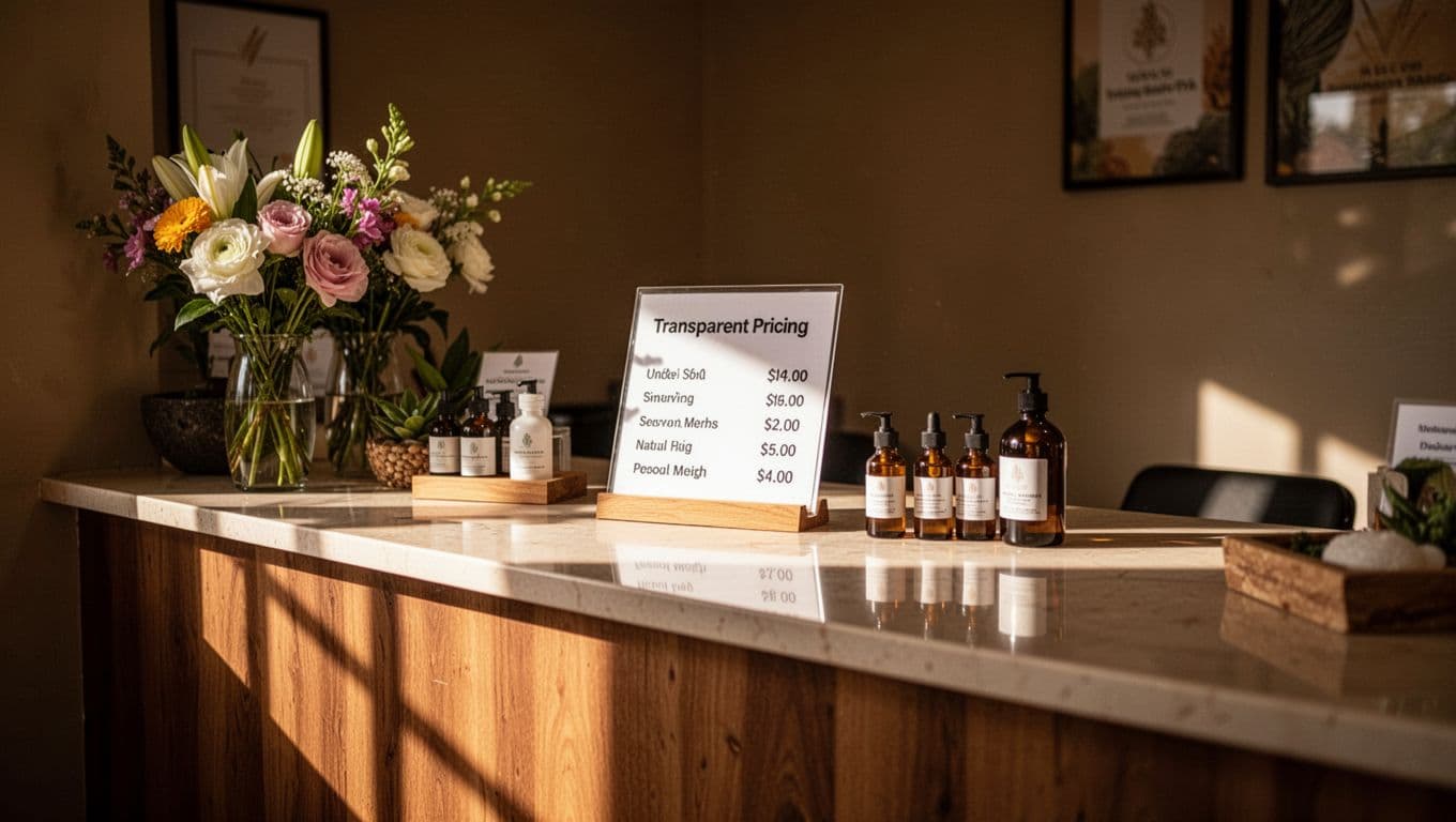 Clean spa reception desk in Kilimani, Nairobi, with subtle blurred pricing options on a small stand, fresh flowers, natural oils, warm dramatic lighting, polished empty counter in cinematic style.