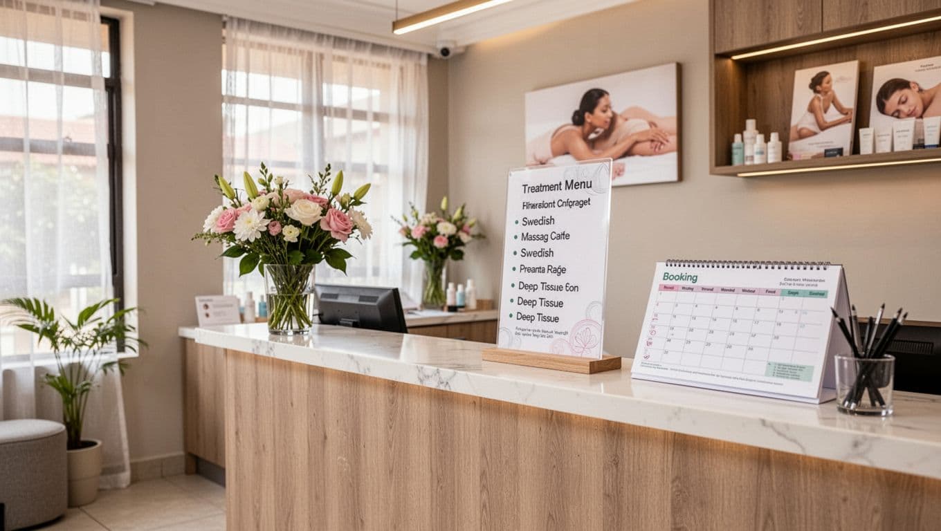 Massage SPA in Kilimani: A Practical Guide to Relaxation 7 Clean modern spa reception area in Kilimani Nairobi style featuring a visible treatment menu on the desk listing massages like Swedish and deep tissue, fresh flowers, soft natural light, organized space with booking calendar, no people present.
