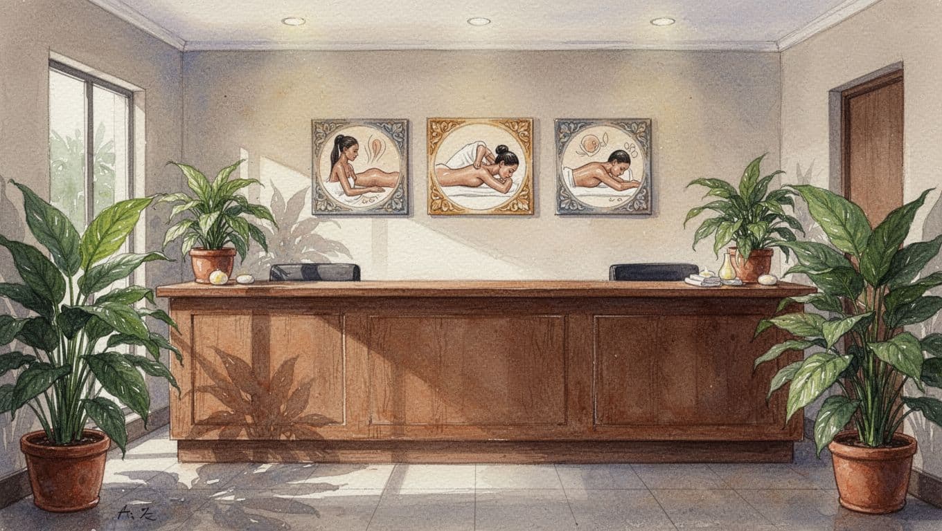 Busy yet inviting spa reception in Kilimani Nairobi featuring wooden counters, potted plants, soft lighting, and massage therapy posters in watercolor style with soft blending and visible brush texture.