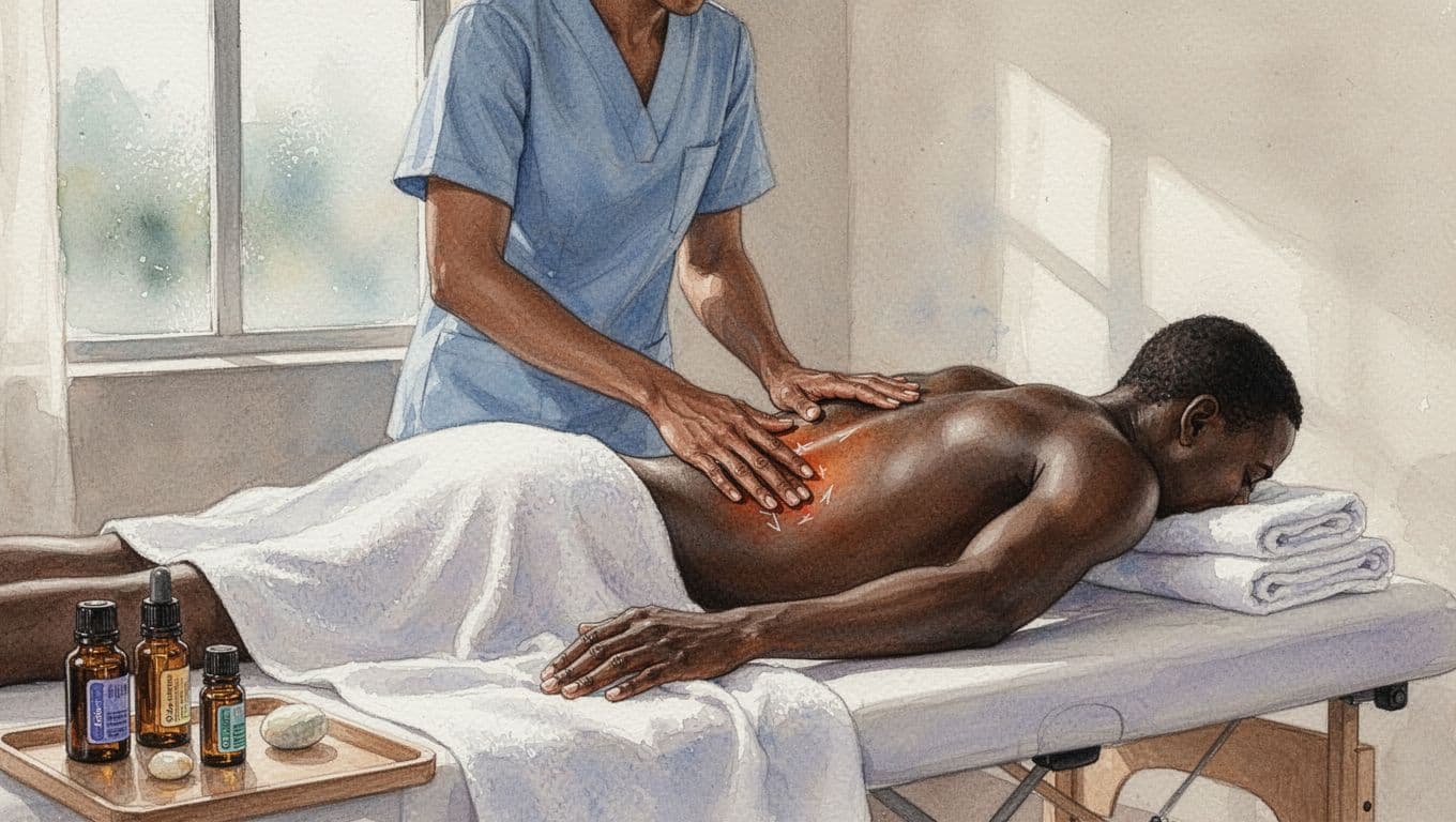 Therapist applying targeted pressure to athlete's lower back for sports injury relief in a calm Nairobi spa room, essential oils nearby, watercolor style with soft blending and brush texture. Exactly two people: therapist and partially draped client, no faces visible.