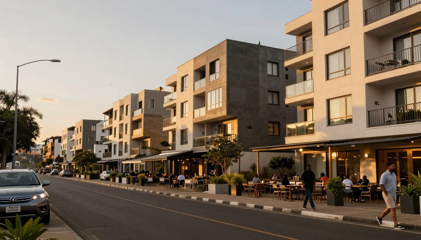 Modern upscale neighborhood in Kilimani, Nairobi, Kenya during evening with high-rise serviced apartments, private residences, clean streets, trendy restaurants, subtle outdoor lighting, and exactly two relaxed people walking.