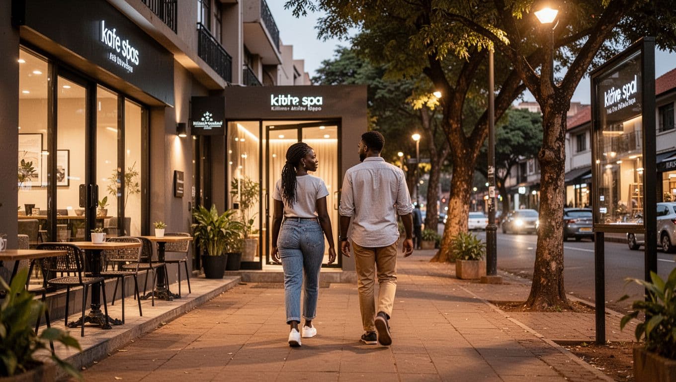 Vibrant tree-lined streets in Kilimani, Nairobi neighborhood, featuring modern cafes, boutique shops, and exactly two relaxed people—one local Kenyan woman and one expat man—walking toward a welcoming massage spa door during a safe evening stroll with warm ambient lighting.