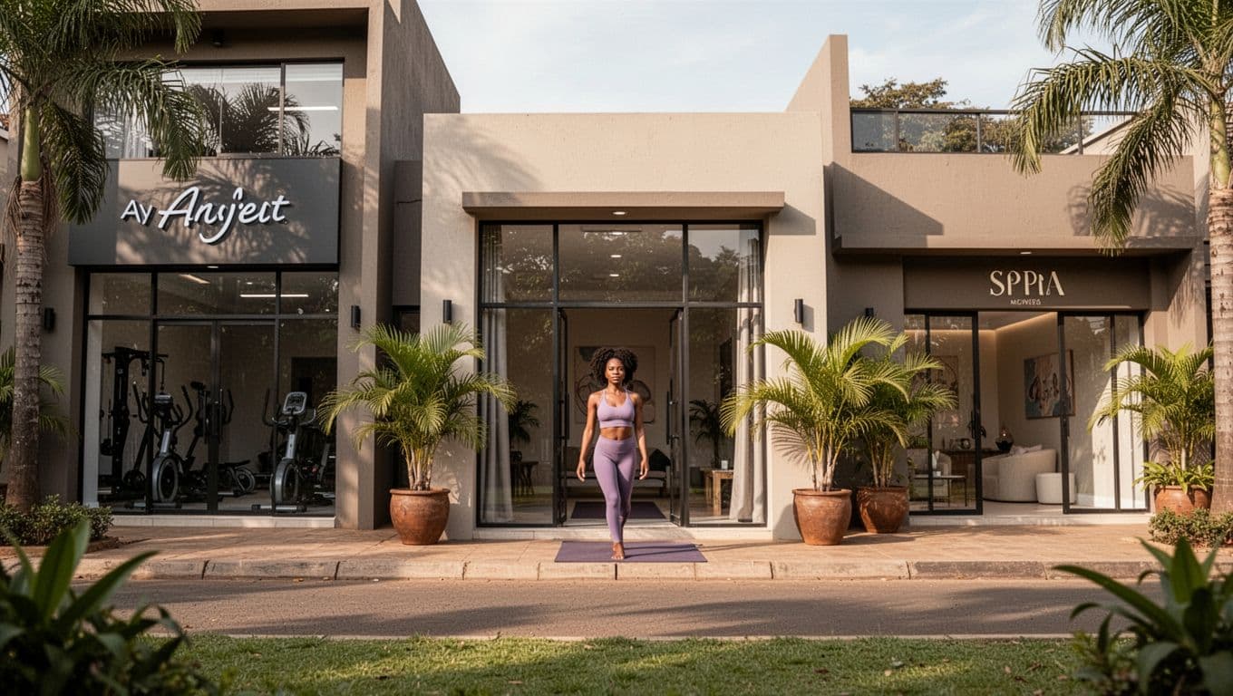 Serene wellness cluster in Kilimani, Nairobi, with modern yoga studio and gym facades side by side on a quiet green street. One fit person in yoga attire steps out relaxed toward a nearby massage spa sign, evoking tropical resort calm under soft natural daylight and a bold 'Wellness Scene' header band.