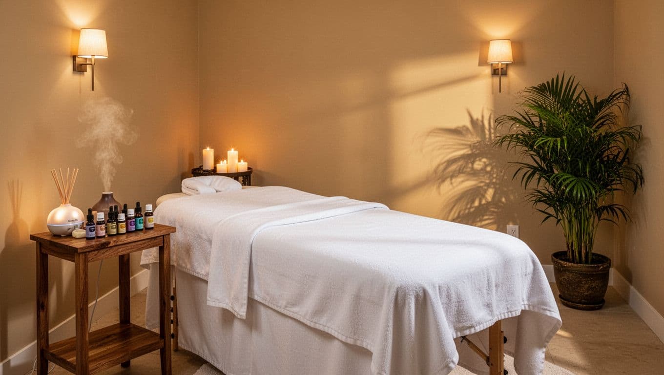 Photorealistic empty premium spa treatment room in Kilimani with massage table, essential oils, diffuser, ambient lighting, serene plants, and 'Spa Excellence' headline.