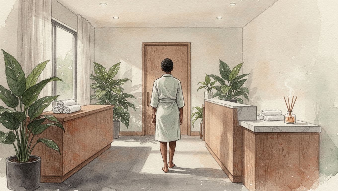 Massage Spa in Kilimani: How to Choose a Safe Erotic Massage Experience One client entering a calm spa reception with plants, towels, and an aroma diffuser.