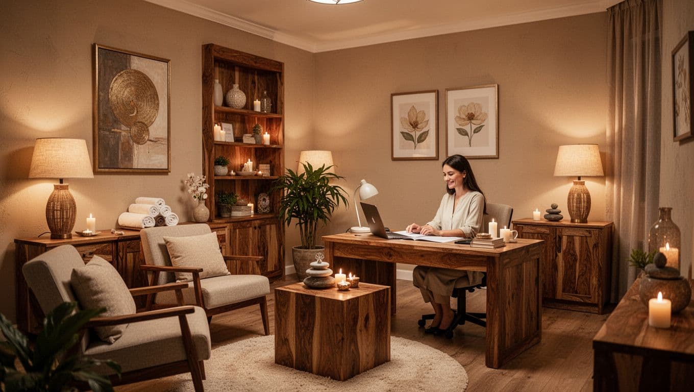 A cozy spa consultation room featuring wooden furniture and warm lighting.