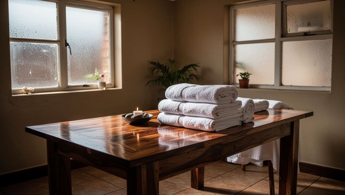 A wooden spa consultation table with fresh towels under warm lighting in Kilimani.