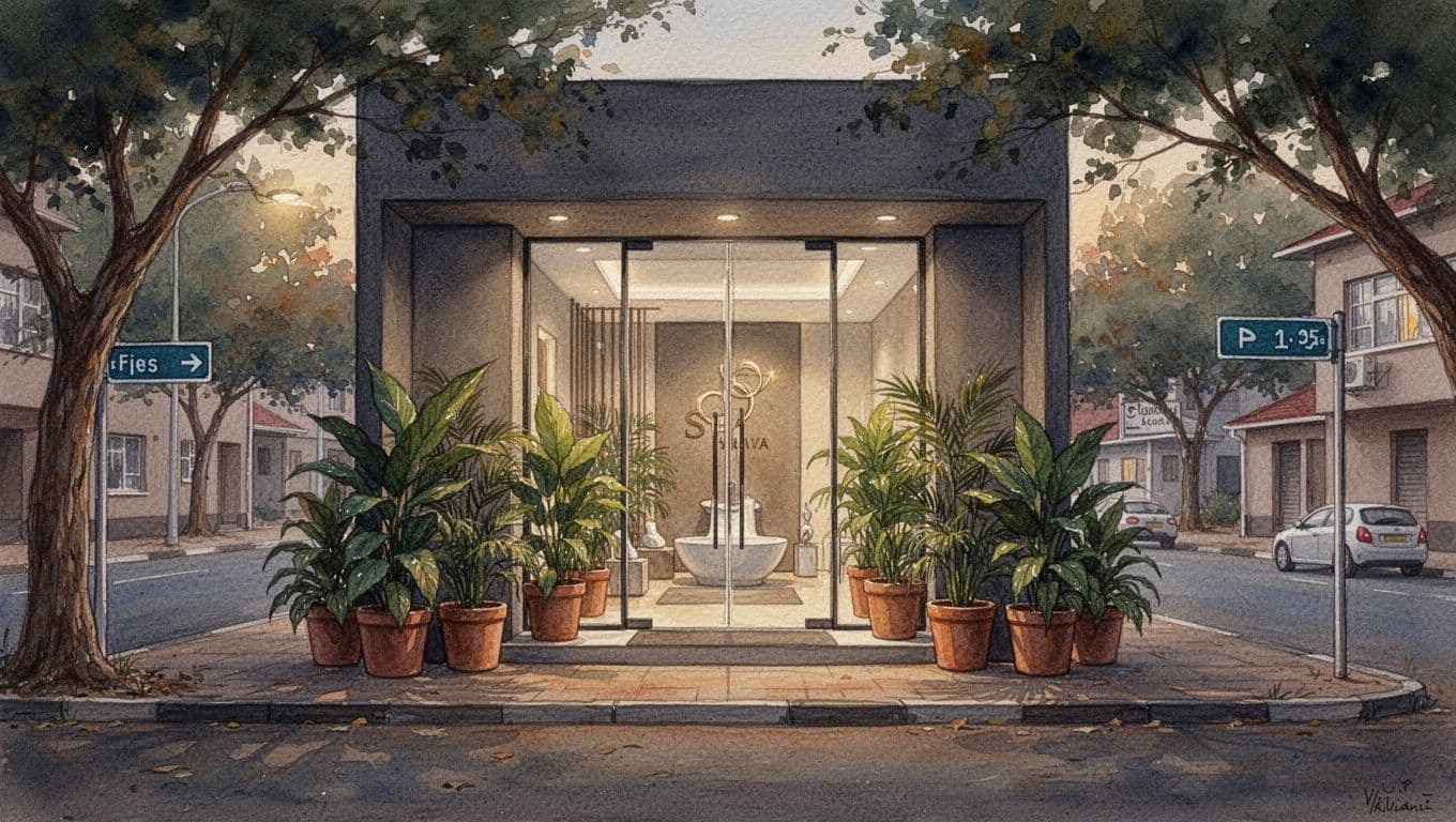 Watercolor view of modern spa entrance on quiet Kilimani street with potted plants, evening light through trees, subtle Kindaruma Road sign.