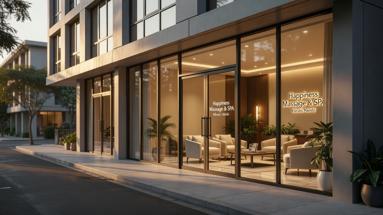 A glass entrance leads into a tranquil spa lobby featuring warm golden lighting inside a contemporary residential building. Professional signage accents the facade during a quiet, peaceful Nairobi sunset hour.