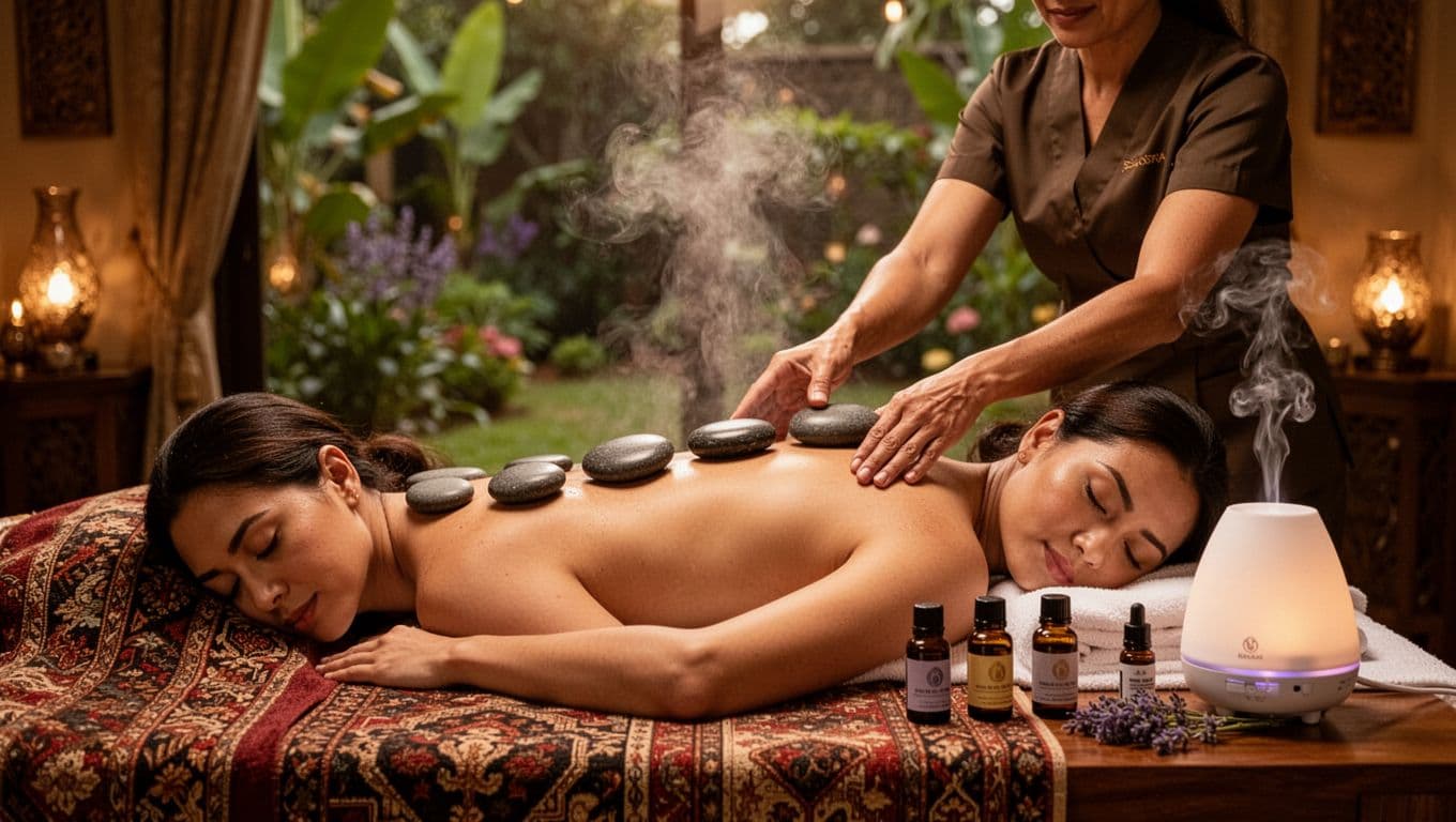 A single client lies face down on a massage table with precisely placed smooth heated basalt stones along the spine, shoulders, and flanks, while a therapist gently adjusts one stone on the lower back next to essential oil bottles and a diffuser emitting lavender mist in a serene, opulent Kilimani spa room.