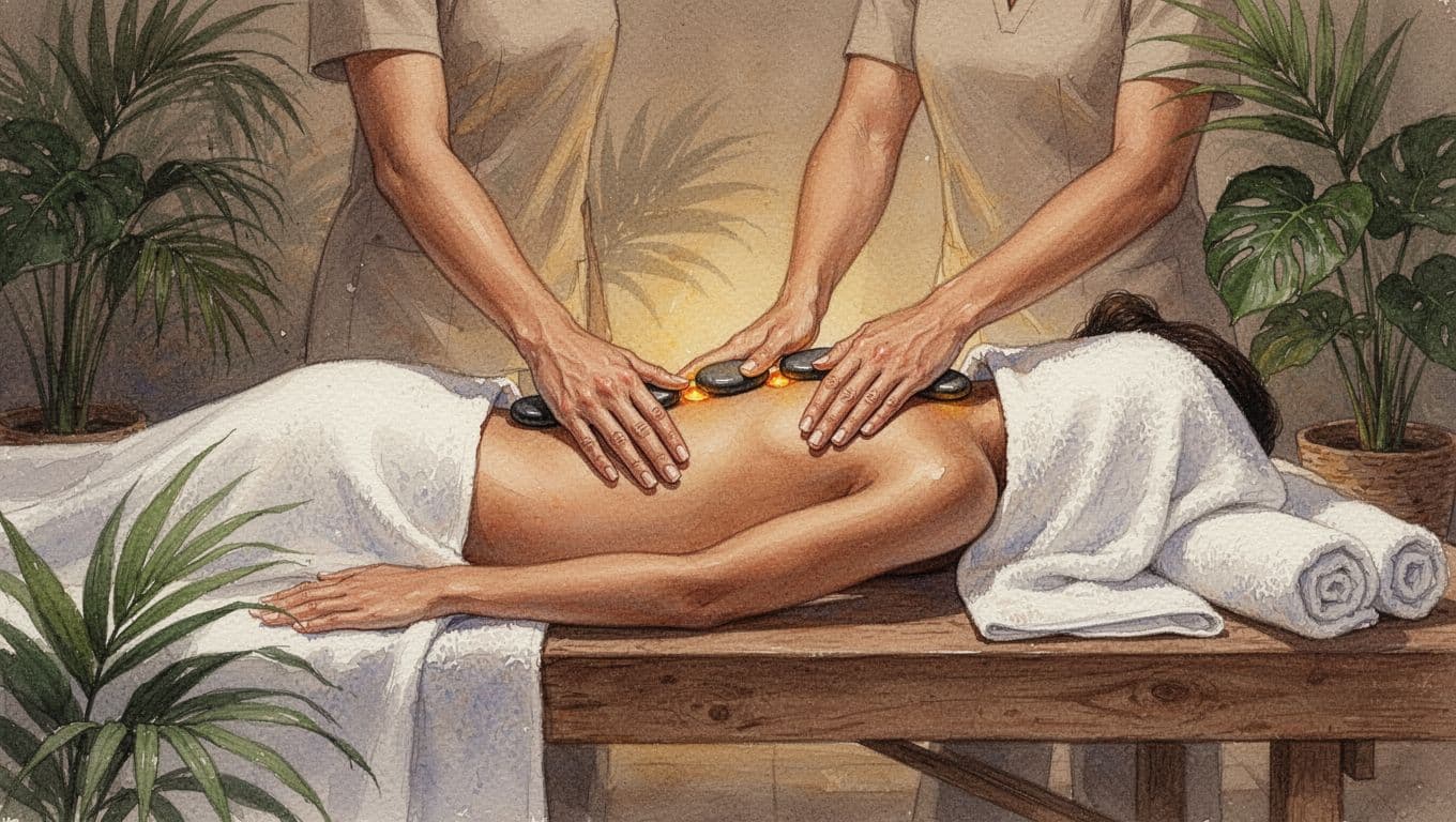 Client lying face down on massage table with hot stones along spine and Swedish strokes on shoulders in cozy Kilimani spa room with tropical plants, soft towels, and dim warm lighting, in watercolor style.