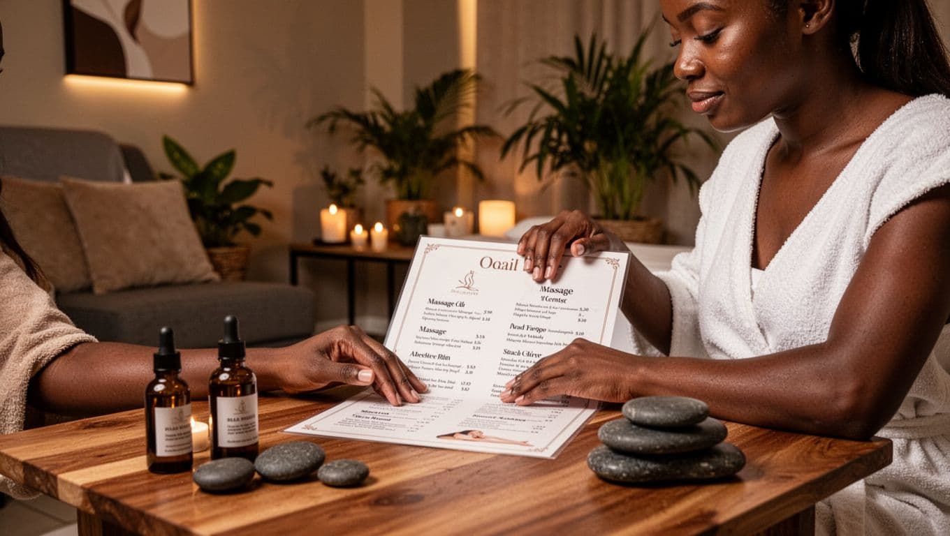 Exactly one person in a serene Kilimani spa waiting area browses a simple printed massage menu on a wooden table in a relaxed pose with hands resting on the menu. Essential oil bottles and hot stones are nearby as props, with cozy dim warm lighting and modern clean Nairobi spa decor featuring plants.