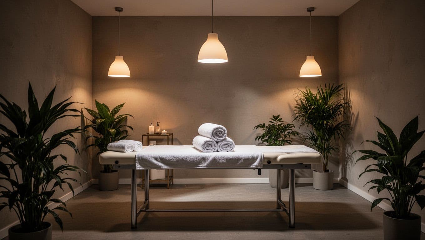 A softly lit spa massage room with white towels and green plants.